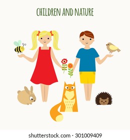 Illustration of a pair children and animals