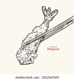 Illustration of a Pair of Chopsticks Holding a Piece of Tempura