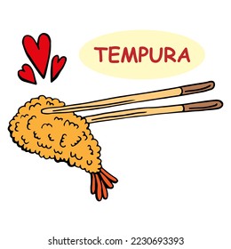 Illustration of a Pair of Chopsticks Holding a Piece of Tempura