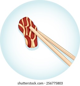 Illustration of a Pair of Chopsticks Holding a Piece of Beef