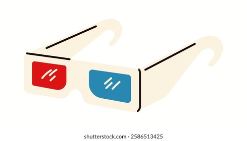 Illustration of a pair of classic red and blue 3D glasses, used for immersive movie experiences in theaters, designed in a modern and stylish vector style.