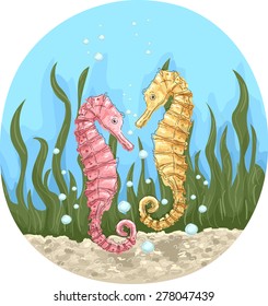 Illustration of a Pair of Colorful Seahorses Hanging Together