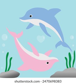 illustration of a pair of cute dolphins in an aquarium