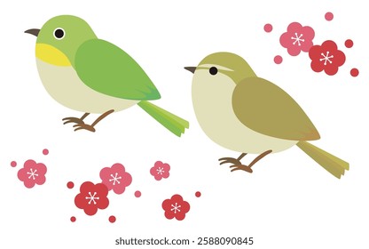 Illustration of a pair of cute Japanese white-eyes and Japanese bush warblers and plum blossoms