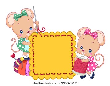 Illustration of a Pair of Cute Mice Passing a Needle Through a Blank Board