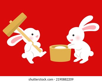 Illustration of a pair of cute white rabbits making rice cake in Japanese style (Mochitsuki in Japanese) 