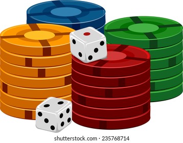 Illustration of a Pair of Dice Sitting Side by Side With Stacks of Poker Chips
