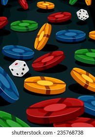 Ilustração de um par de dados cercado por fichas de poker