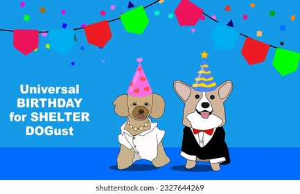 illustration of a pair of dogs (corgi and poodle) wearing birthday hats celebrating Universal Birthday for Shelter Dogs August 1
