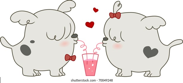 Illustration of a Pair of Dogs Sharing a Drink