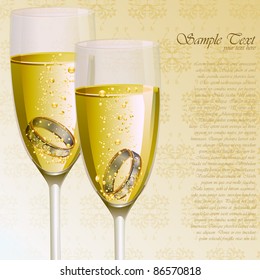 illustration of pair of engagement ring in champagne glass