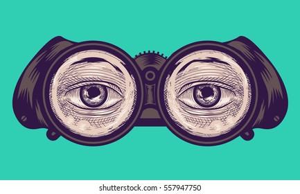 Illustration of a Pair of Eyes Peering from a Pair of Binoculars Drawn Using the Cross Hatching Technique
