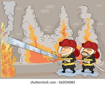 Illustration of a Pair of Firemen Working Hard to Put Out a Raging Fire