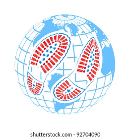 illustration of pair of foot prints around globe on abstract background. World of shoes concept vector illustration