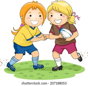 Illustration of a Pair of Girls Playing Rugby