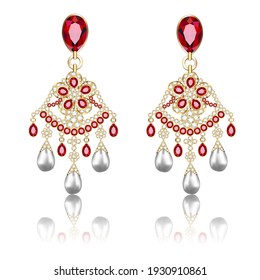 Illustration of a pair of gold jewelry earrings with ruby and precious stones isolated on white with reflection