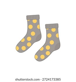 Ilustración de un par de calcetines grises con patrones de puntos naranjas. Moda. Ilustración vectorial.