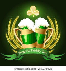 Illustration of Pair of green beer mugs, barley ears and greeting Saint Patrick day banner