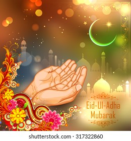 illustration of pair of hand praying for Eid ul Adha (Happy Bakrid) background with mosque