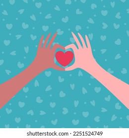 illustration of a pair of hands forming a heart symbol, which means love, affection and friendship. with a heart pattern as a background
