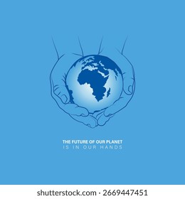 Illustration of a pair of hands gently holding the Earth, symbolizing care, protection, and global responsibility.The future of our planet is in our hands. protect, preserve, and empower the Earth