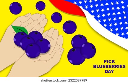 illustration of a pair of hands holding blueberries and blueberries around it and American flag corner frame and bold text commemorating PICK BLUEBERRIES DAY
