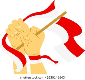 Illustration of a pair of hands holding the Indonesian flag high in a clenched fist, representing patriotism and national pride.