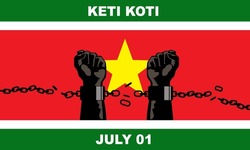 Illustration Of A Pair Of Hands Trying To Break Free From Iron Chains(Broken Chains) And Bold Text. Keti Koti Commemorating The Emancipation Of Slaves On July 1 In The Netherlands
