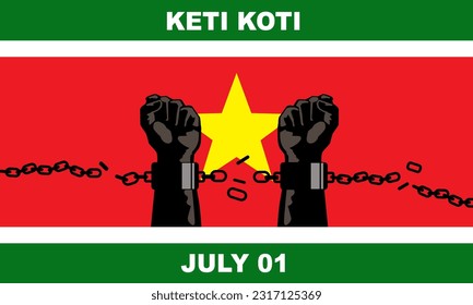 illustration of a pair of hands trying to break free from iron chains(Broken Chains) and bold text. Keti Koti commemorating the emancipation of slaves on July 1 in the Netherlands
