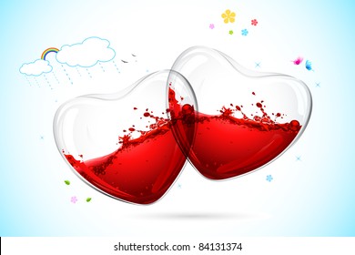 illustration of pair of heart filled with splashing liquid with butterfly