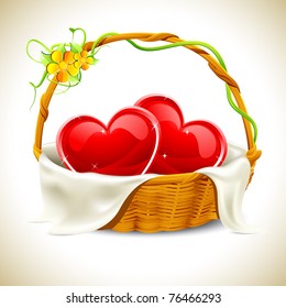 illustration of pair of heart on satin cloth in basket