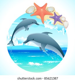 illustration of pair of jumping dolphin in sea