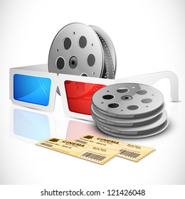 illustration of pair of movie ticket with 3d glasses and film reel