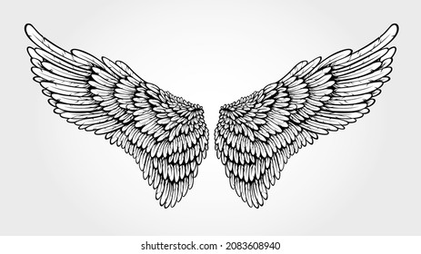 Illustration of a pair of outstretched beautiful white wings. Angel Wings Vector Illustration. 