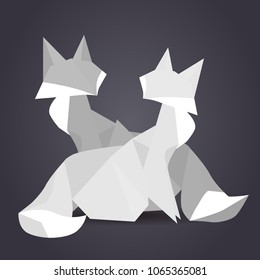 Illustration of pair of paper origami foxes. Paper Zoo. Vector element for your design