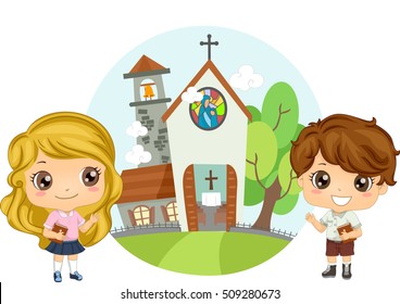 Illustration Pair Preschool Kids Carrying Bibles Stock Vector (Royalty ...