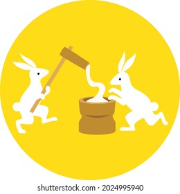 Illustration of a pair of rabbits making rice cakes in the full moon
