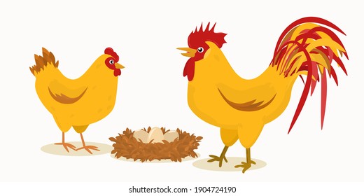 illustration of a pair of a rooster and a hen next to a nest with eggs.