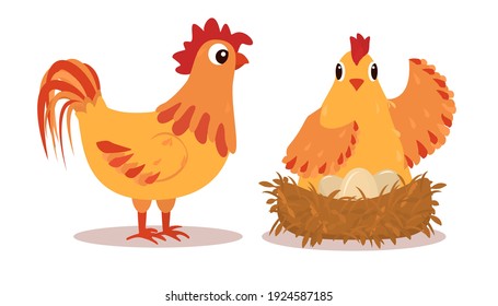 illustration of a pair of a rooster and a hen next to a nest with eggs.