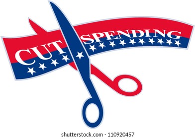 Illustration of a pair of scissors cutting red and blue ribbon tape bill with stars on isolated white background.