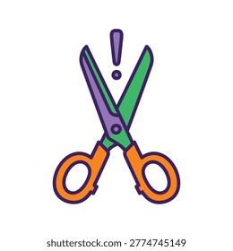 An illustration of a pair of scissors with purple and green blades, orange handles, and a purple exclamation mark above them.
