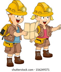 Illustration of a Pair of Siblings Dressed in Camping Gear Following a Map