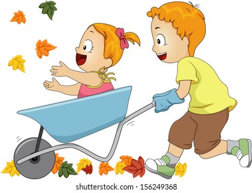 Illustration of a Pair of Siblings Running Leaves Over with a Wheelbarrow