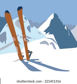 An illustration of a pair of skis in the snow on the mountain.