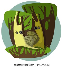 Illustration of a pair of snails in forest.