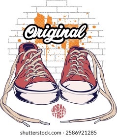 Illustration of a pair of sneakers with the original inscription, in the background a stain on a stylized wall.