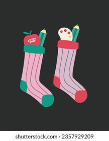 Illustration Pair of Socks with Apple Study Time,Pencils,Watermelon