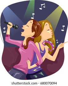 Illustration of a Pair of Teenage Girls Singing Together at a Karaoke Room