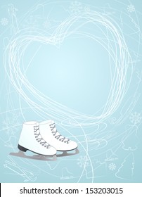 Illustration of a pair of white winter ice skates with a heart symbol sketched on the pale blue background above them depicting love