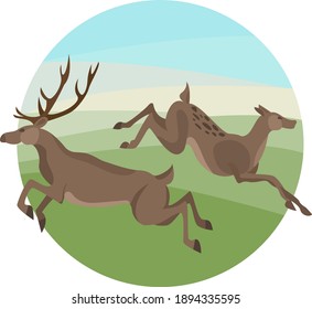 Illustration of a pair of wild deer on the background of green natural landscapes. Ecology and environment protection